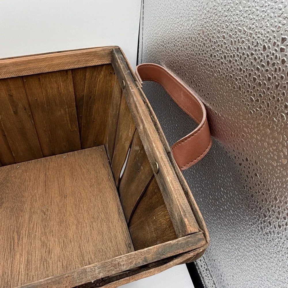 Harry & David Leather Handle Wooden Rectangle Basket Brown 15.5